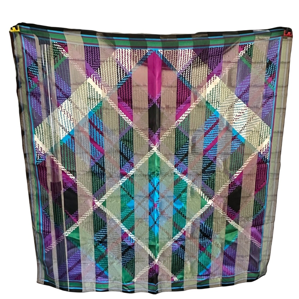 Vintage Silk Chiffon Scarf 80s 90s Geometric Abstract Dot Purple Green Blue
